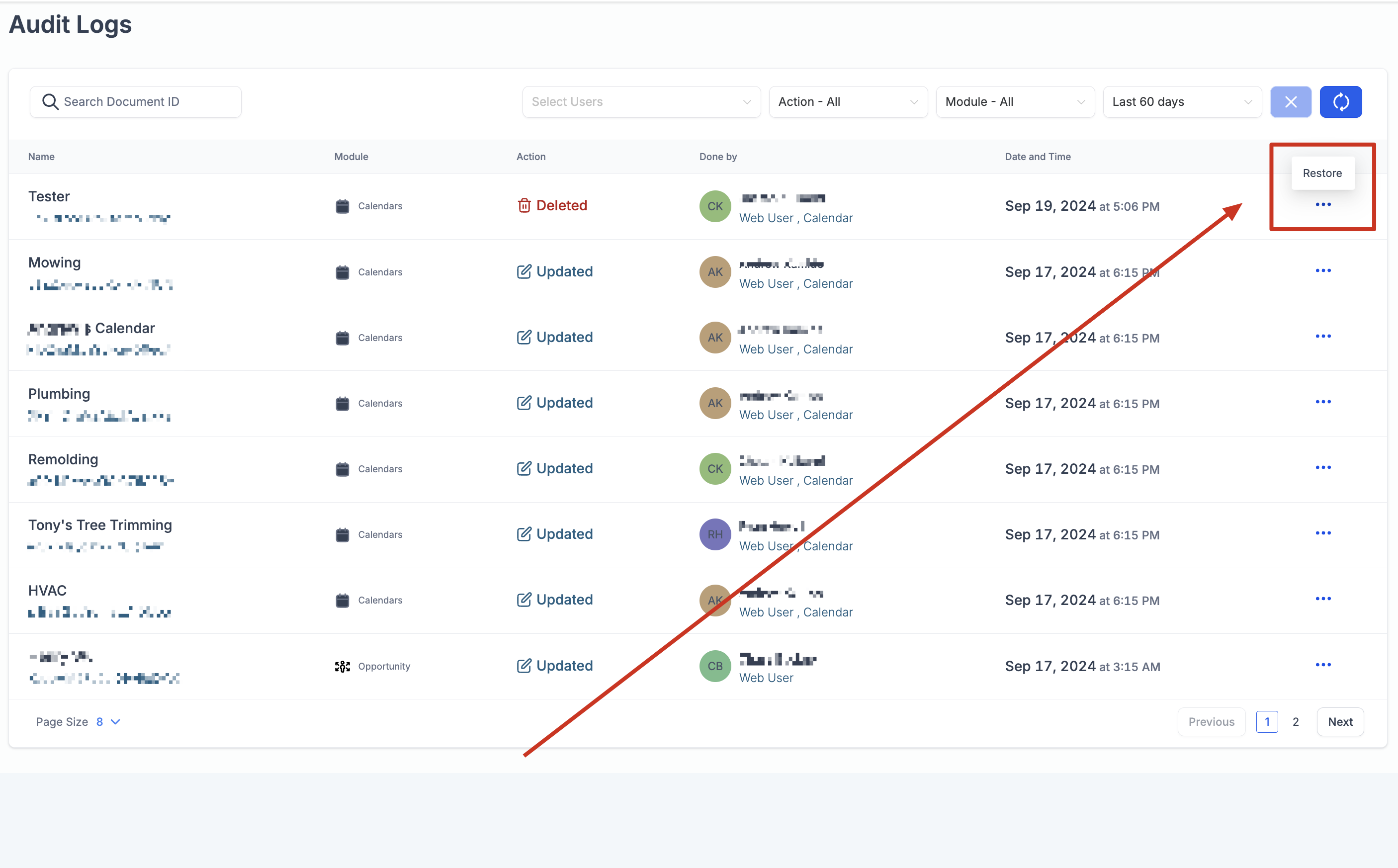 Restore Calendar Action