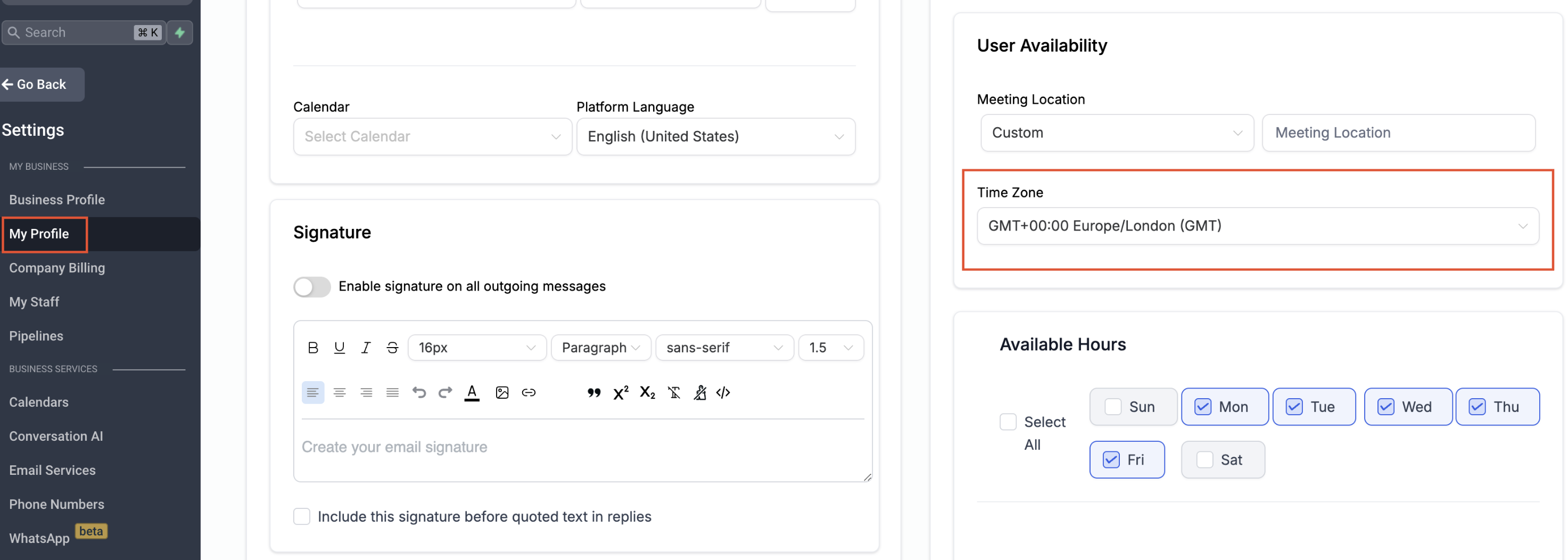 User Availability Settings