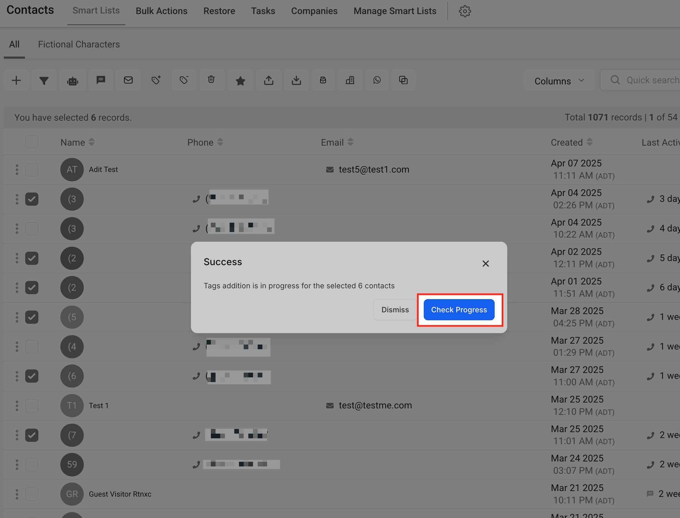 Track Progress popup