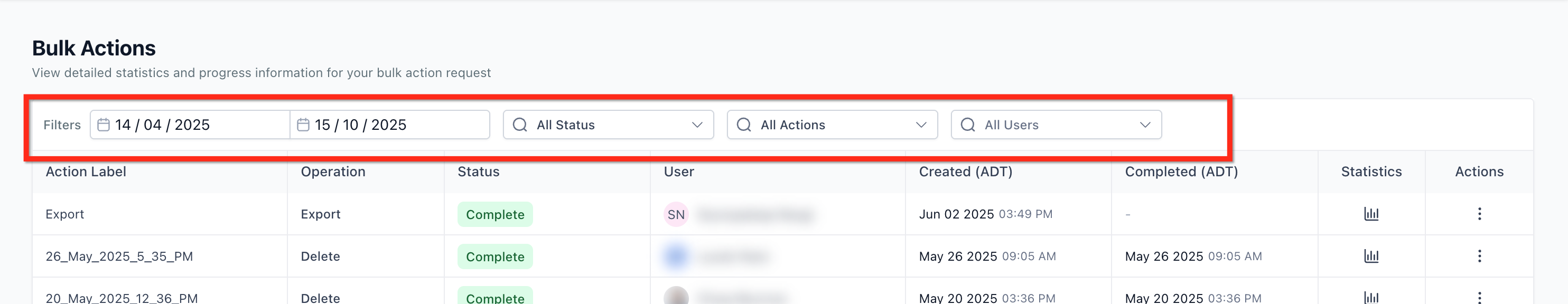 Bulk Actions Table View