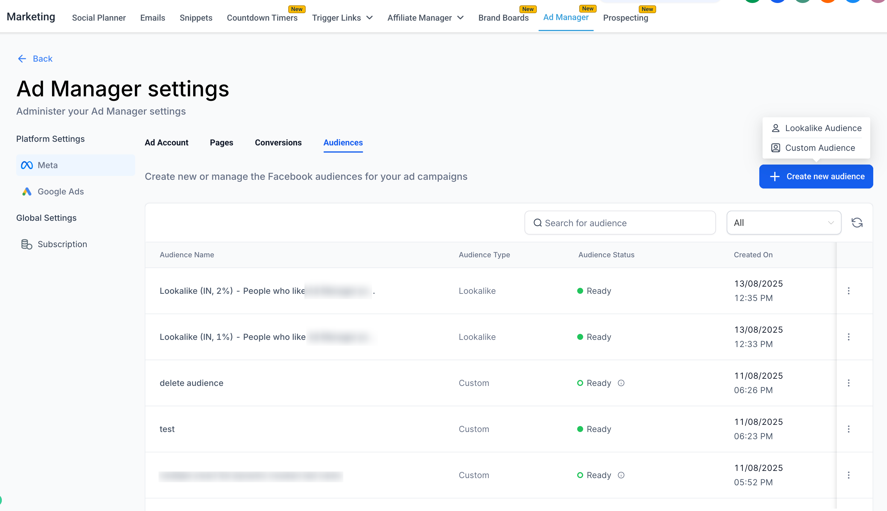 Meta Audiences Settings