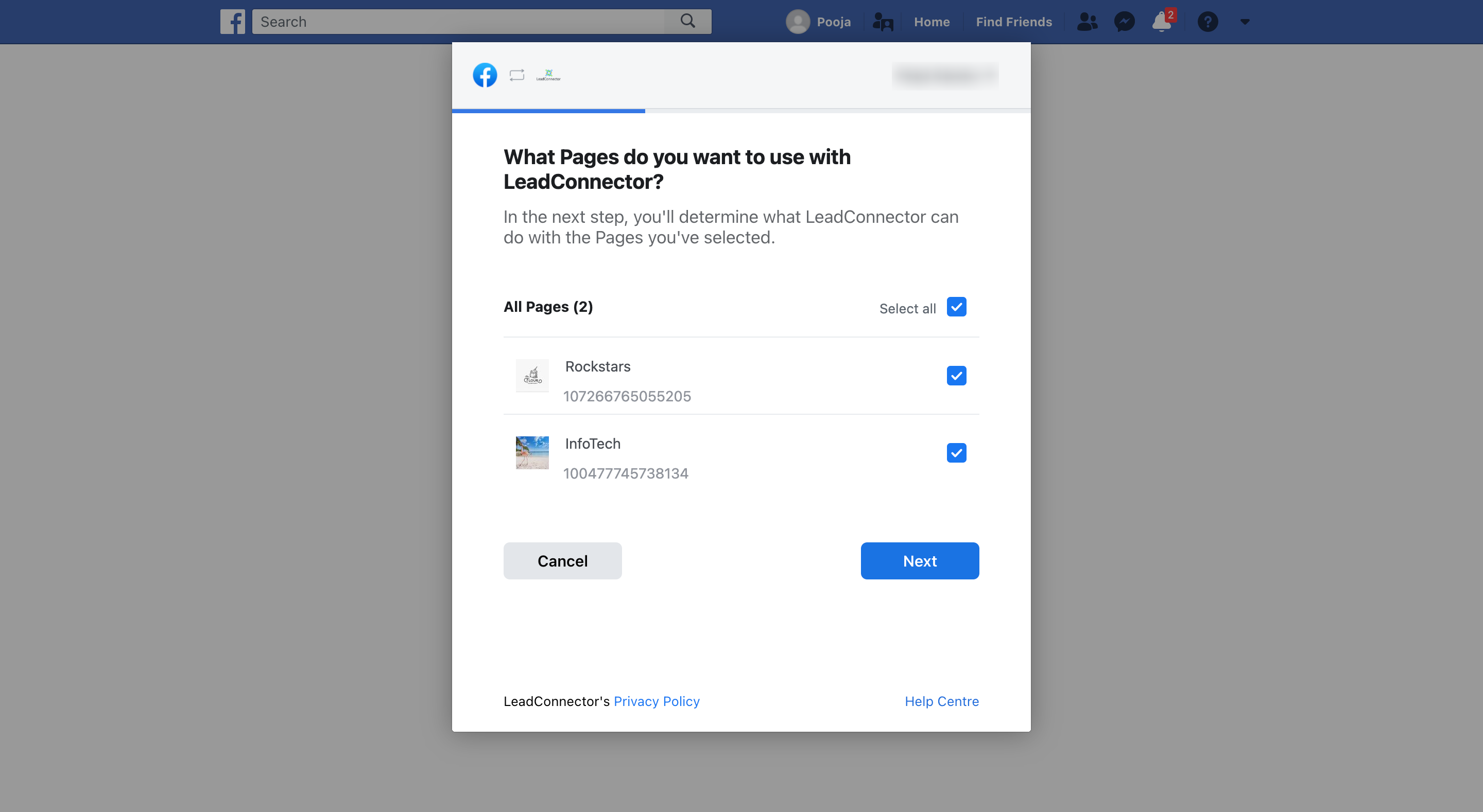Select Facebook Pages to connect