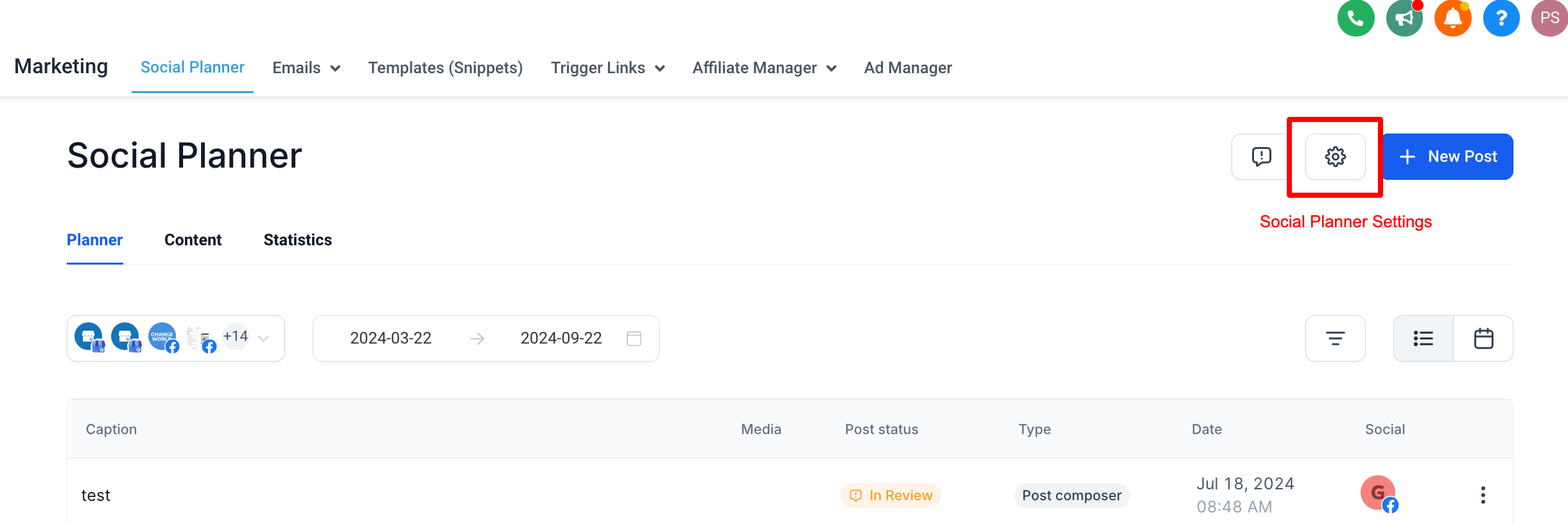 Go to Social Planner Settings