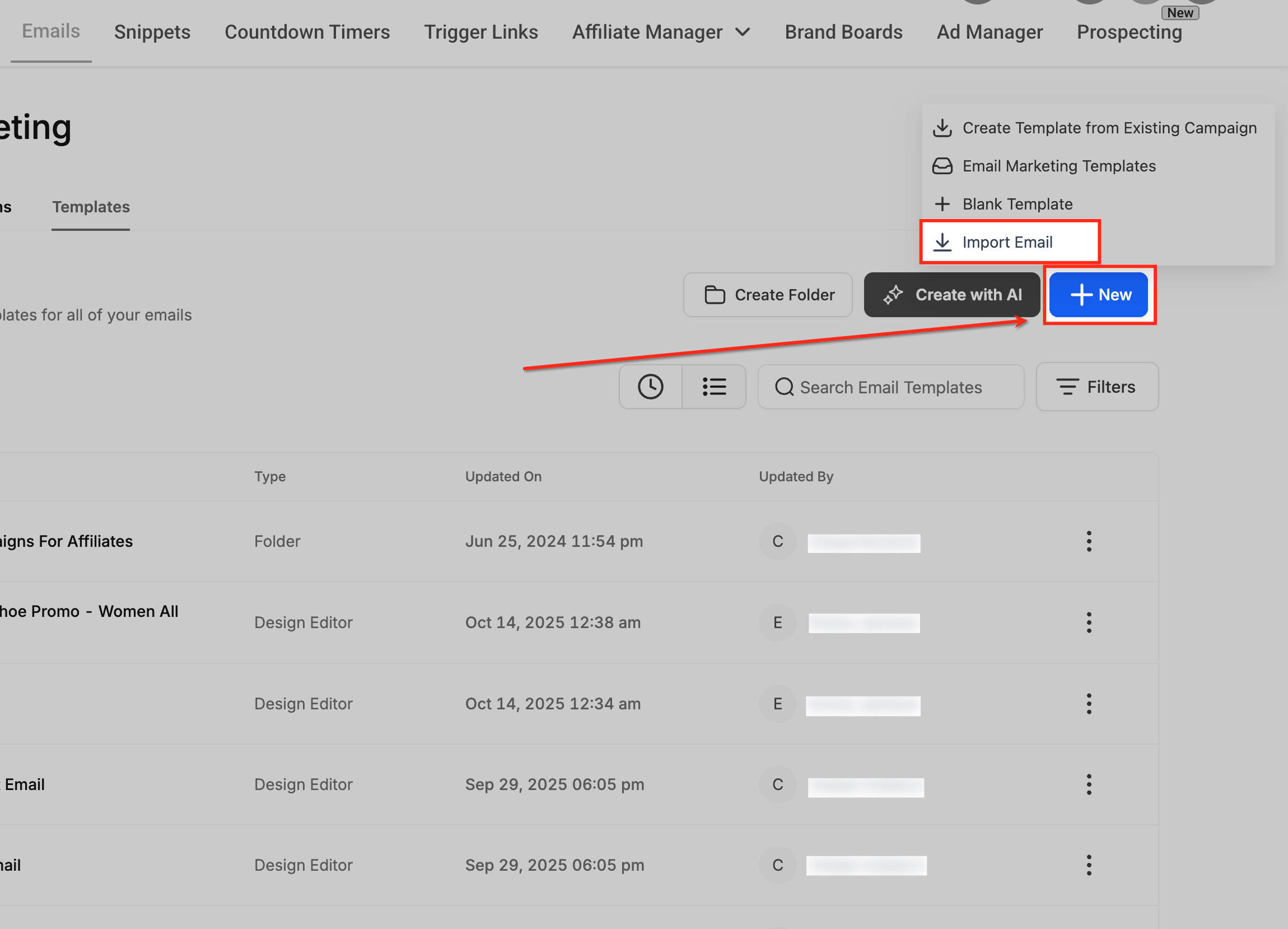 Click New and Import Email