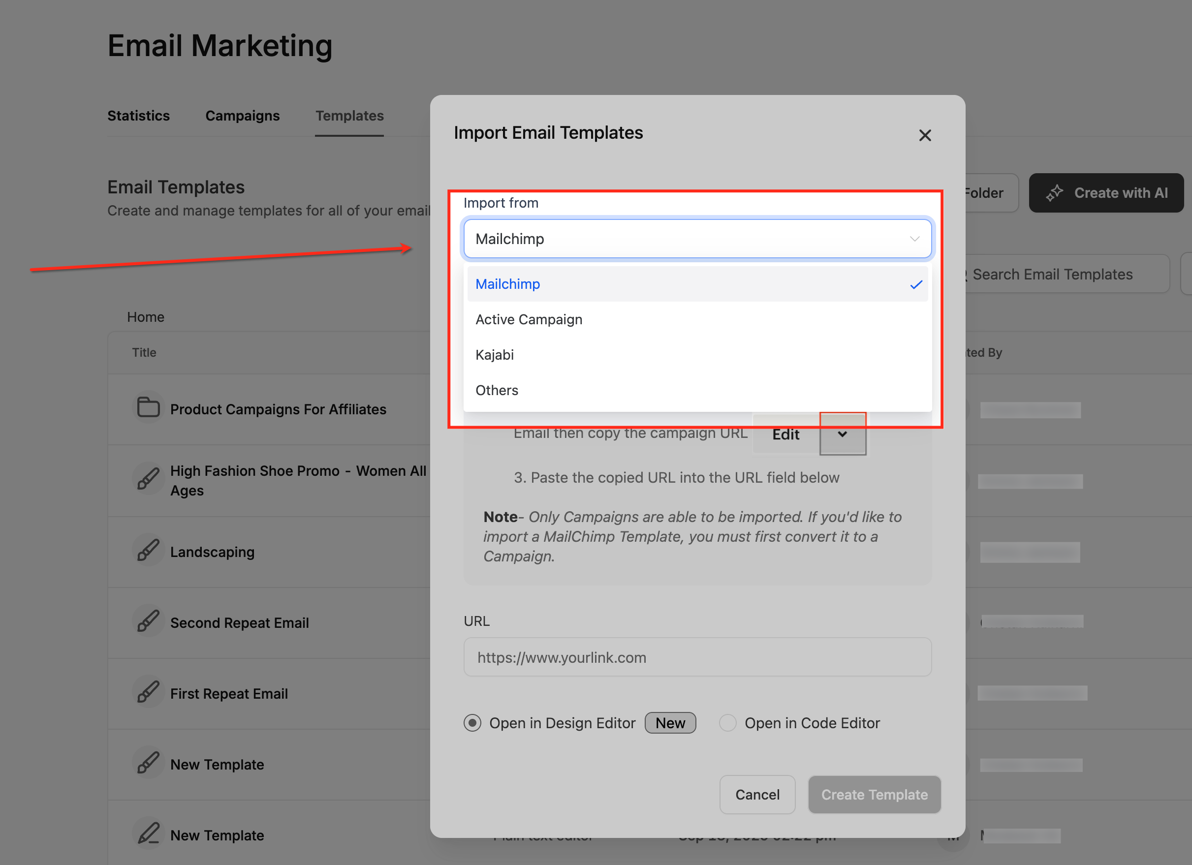 Select Mailchimp from Dropdown